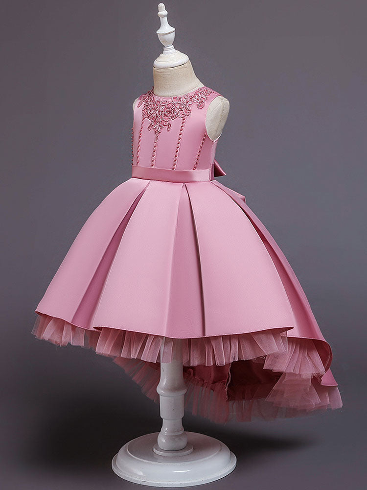 Pink Jewel Neck Sleeveless A-Line Bows Flowers Polyester Cotton Tulle Polyester Formal Kids Pageant flower girl dresses-showprettydress