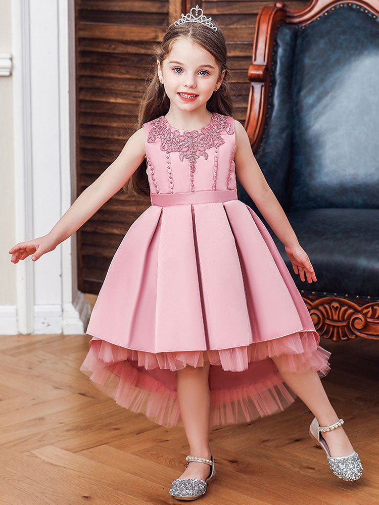 Pink Jewel Neck Sleeveless A-Line Bows Flowers Polyester Cotton Tulle Polyester Formal Kids Pageant flower girl dresses-showprettydress