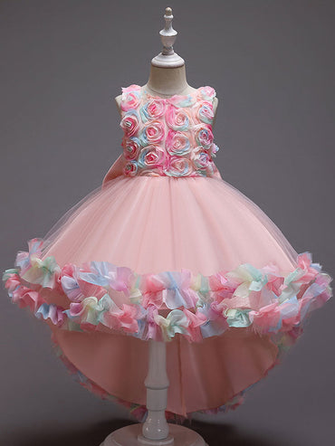 Pink Jewel Neck Sleeveless Bows Flowers Tulle Polyester Cotton Formal Kids Pageant flower girl dresses-showprettydress