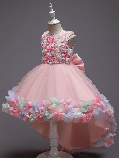 Pink Jewel Neck Sleeveless Bows Flowers Tulle Polyester Cotton Formal Kids Pageant flower girl dresses-showprettydress