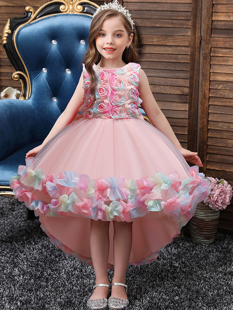 Pink Jewel Neck Sleeveless Bows Flowers Tulle Polyester Cotton Formal Kids Pageant flower girl dresses-showprettydress