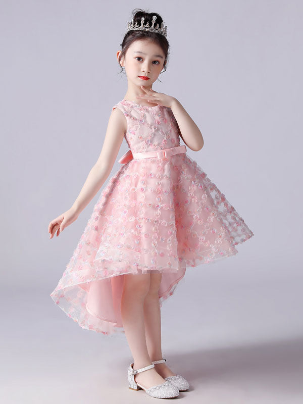 Pink Jewel Neck Sleeveless Bows Formal Kids Pageant flower girl dressesLace Princess Dress-showprettydress