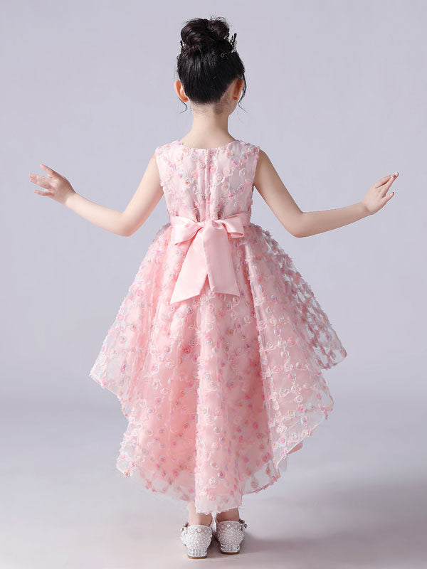 Pink Jewel Neck Sleeveless Bows Formal Kids Pageant flower girl dressesLace Princess Dress-showprettydress