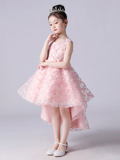 Pink Jewel Neck Sleeveless Bows Formal Kids Pageant flower girl dressesLace Princess Dress-showprettydress