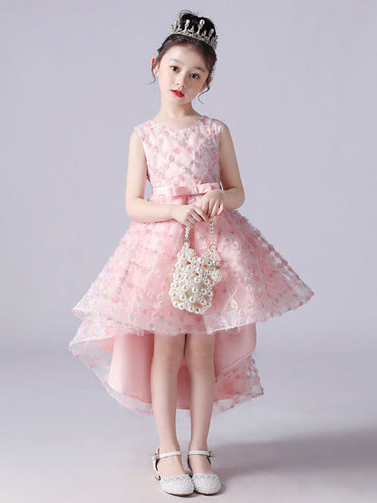 Pink Jewel Neck Sleeveless Bows Formal Kids Pageant flower girl dressesLace Princess Dress-showprettydress