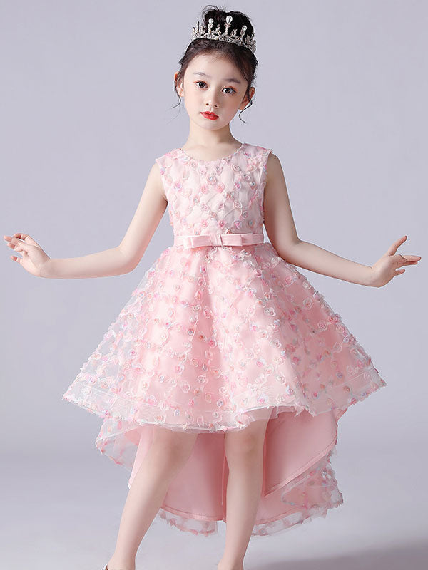 Pink Jewel Neck Sleeveless Bows Formal Kids Pageant flower girl dressesLace Princess Dress-showprettydress