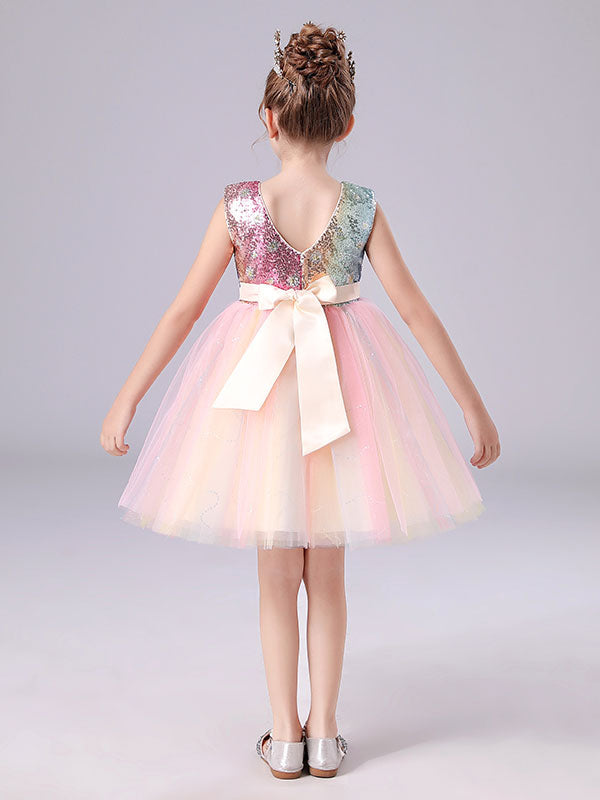 Pink Jewel Neck Sleeveless Bows Kids Social Party Dresses Sequined Tulle Short Dress-showprettydress