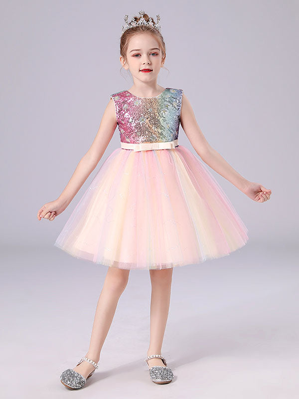 Pink Jewel Neck Sleeveless Bows Kids Social Party Dresses Sequined Tulle Short Dress-showprettydress