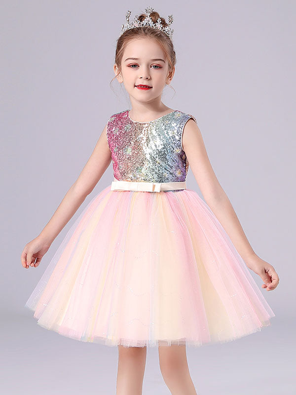 Pink Jewel Neck Sleeveless Bows Kids Social Party Dresses Sequined Tulle Short Dress-showprettydress