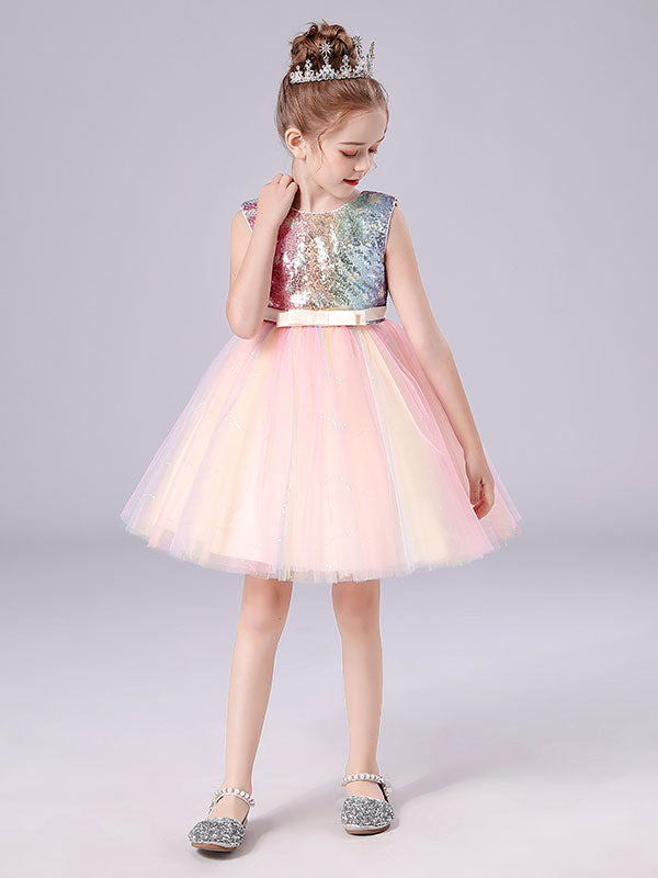 Pink Jewel Neck Sleeveless Bows Kids Social Party Dresses Sequined Tulle Short Dress-showprettydress