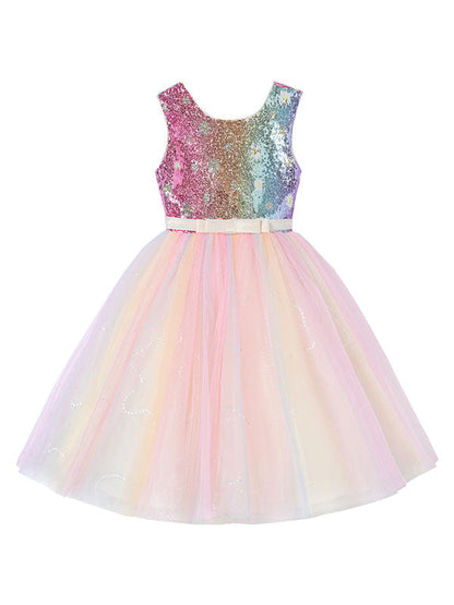 Pink Jewel Neck Sleeveless Bows Kids Social Party Dresses Sequined Tulle Short Dress-showprettydress