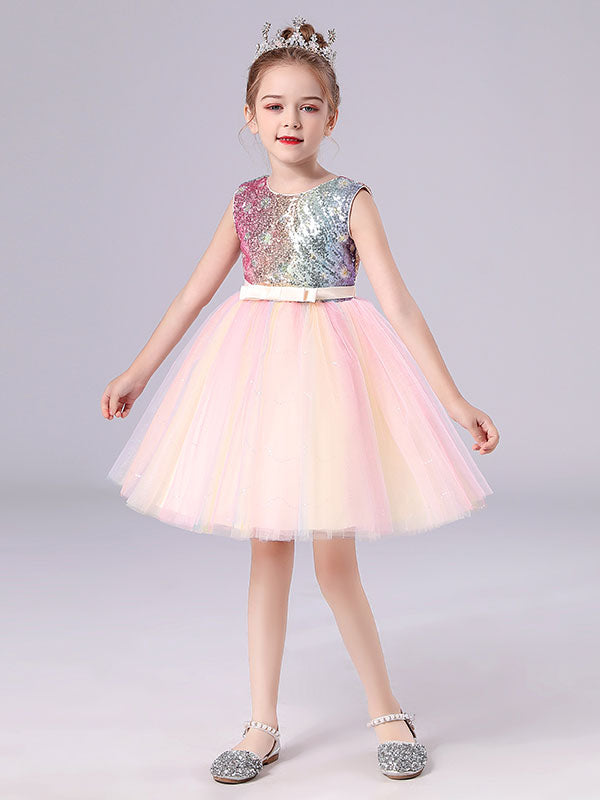 Pink Jewel Neck Sleeveless Bows Kids Social Party Dresses Sequined Tulle Short Dress-showprettydress