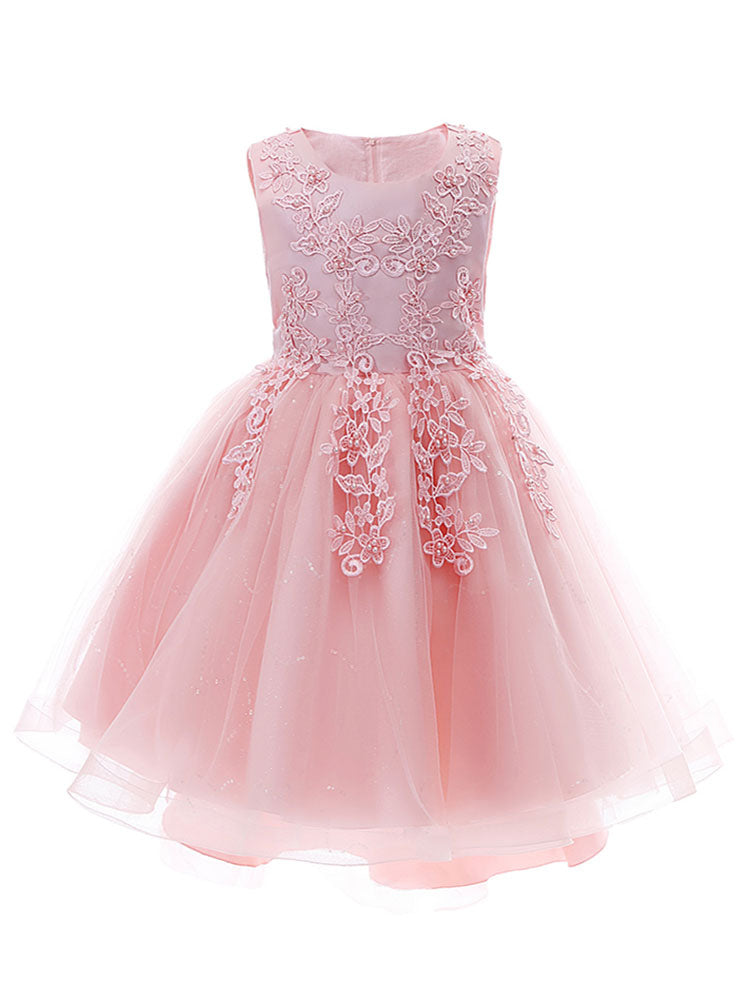 Pink Jewel Neck Sleeveless Lace Tulle Polyester Embroidered Kids Party Dresses-showprettydress