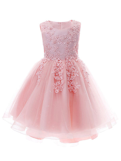 Pink Jewel Neck Sleeveless Lace Tulle Polyester Embroidered Kids Party Dresses-showprettydress