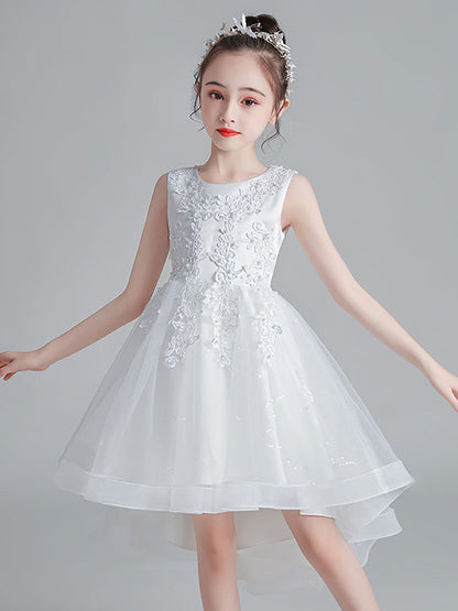 Pink Jewel Neck Sleeveless Lace Tulle Polyester Embroidered Kids Party Dresses-showprettydress