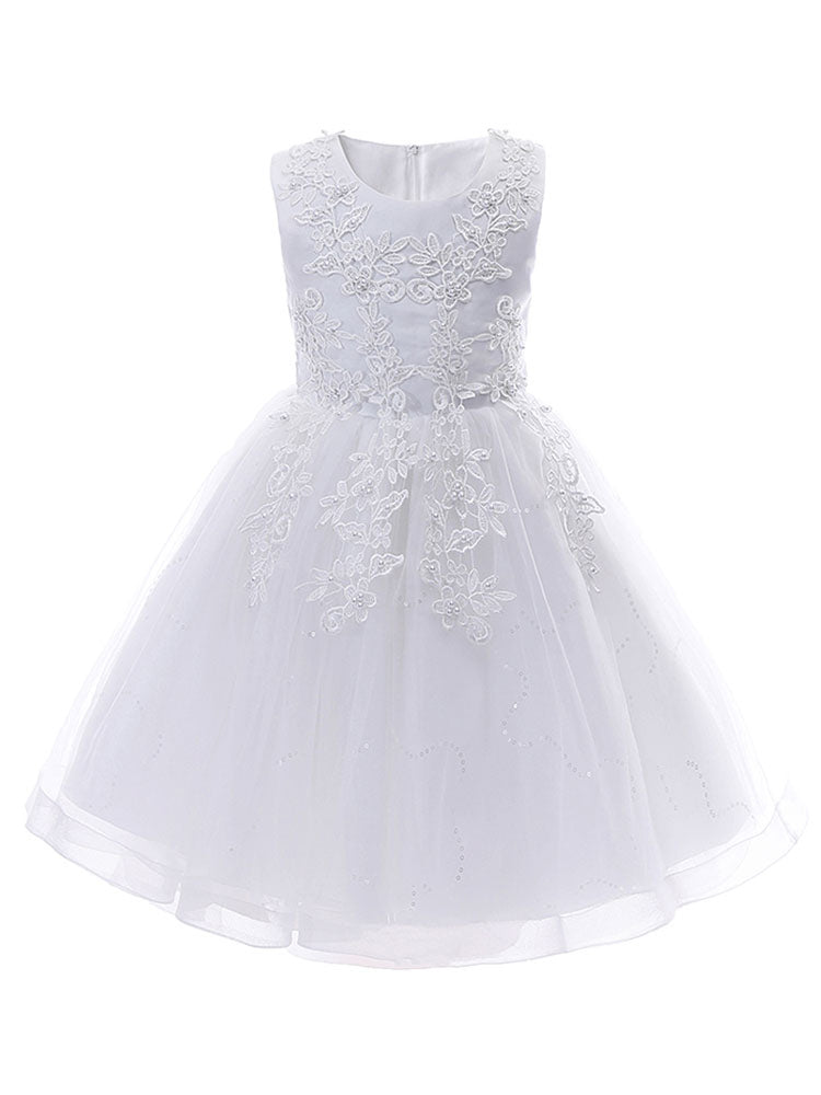 Pink Jewel Neck Sleeveless Lace Tulle Polyester Embroidered Kids Party Dresses-showprettydress