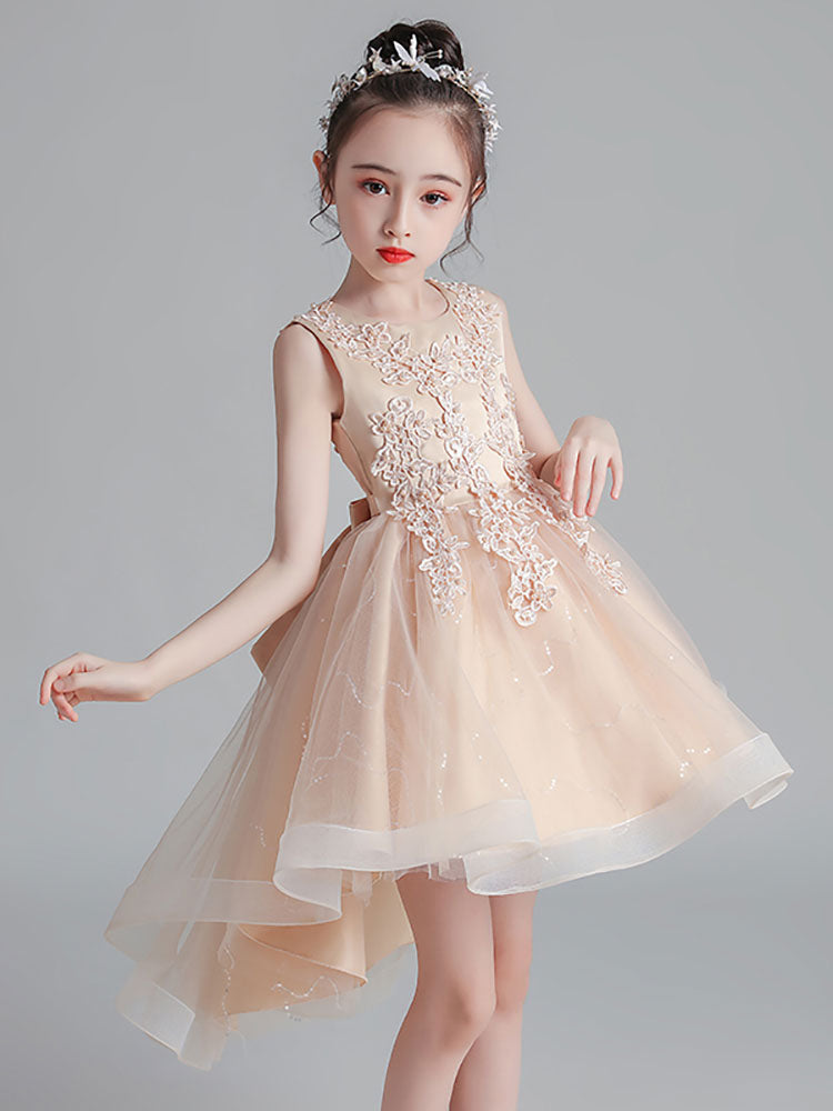 Pink Jewel Neck Sleeveless Lace Tulle Polyester Embroidered Kids Party Dresses-showprettydress