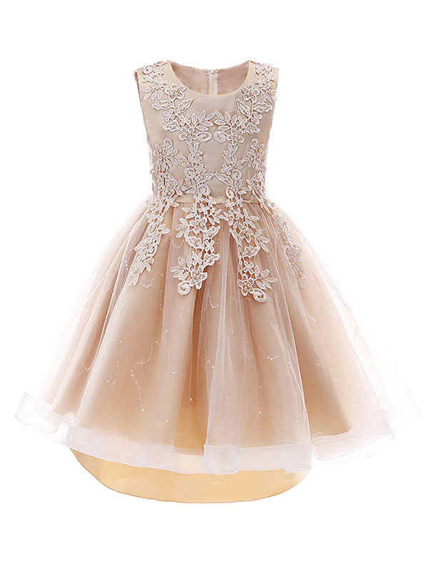 Pink Jewel Neck Sleeveless Lace Tulle Polyester Embroidered Kids Party Dresses-showprettydress