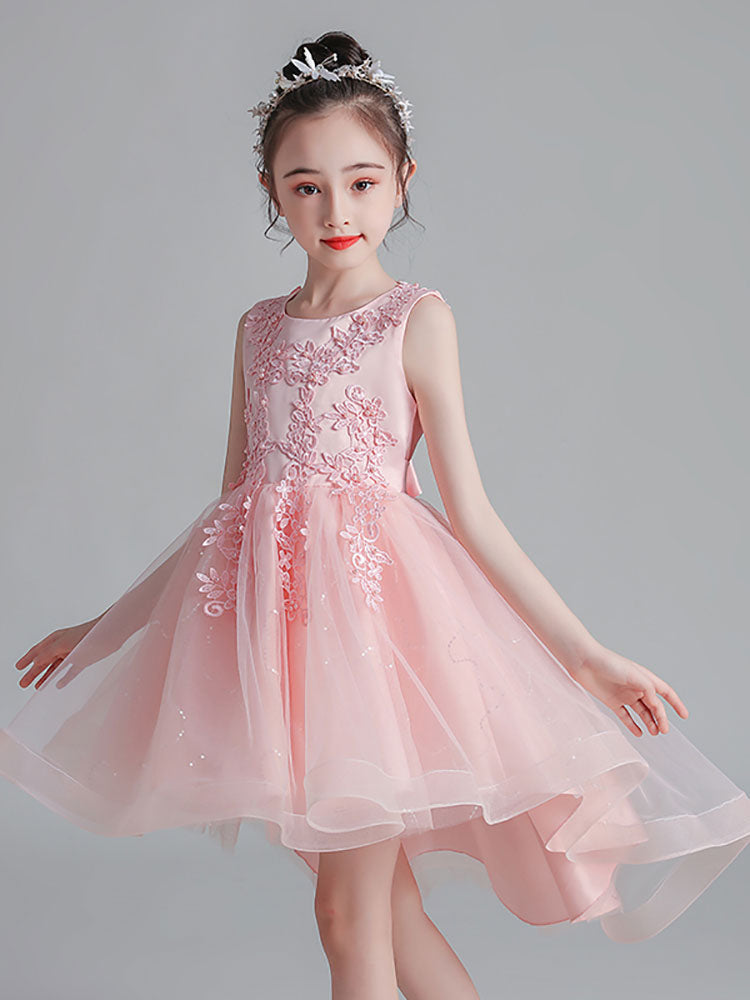 Pink Jewel Neck Sleeveless Lace Tulle Polyester Embroidered Kids Party Dresses-showprettydress