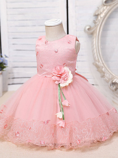 Pink Jewel Neck Sleeveless Polyester Cotton Tulle Flowers Kids Party Dresses-showprettydress