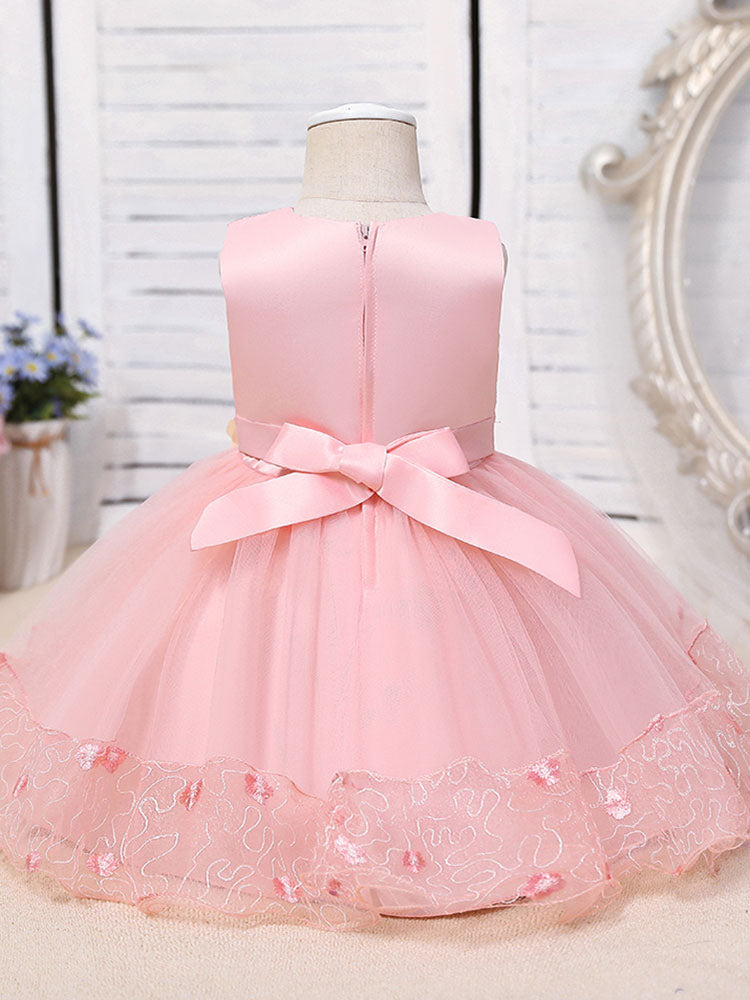 Pink Jewel Neck Sleeveless Polyester Cotton Tulle Flowers Kids Party Dresses-showprettydress