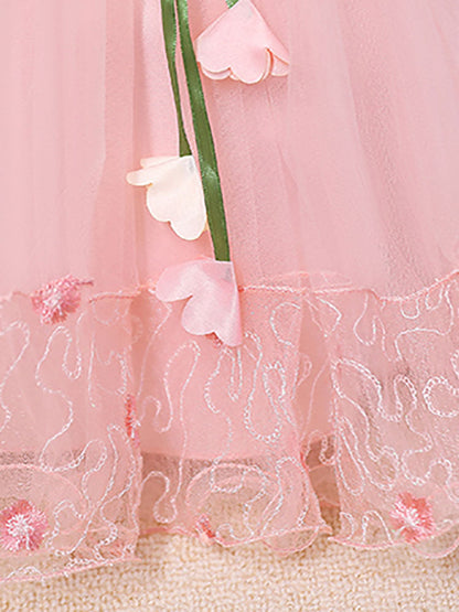 Pink Jewel Neck Sleeveless Polyester Cotton Tulle Flowers Kids Party Dresses-showprettydress