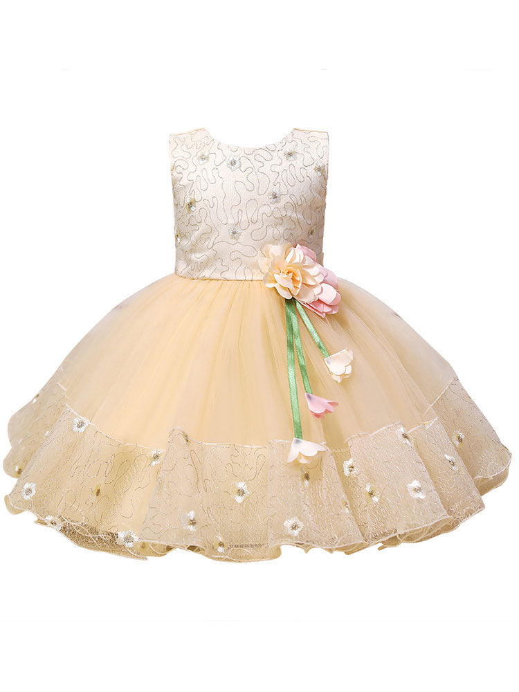 Pink Jewel Neck Sleeveless Polyester Cotton Tulle Flowers Kids Party Dresses-showprettydress