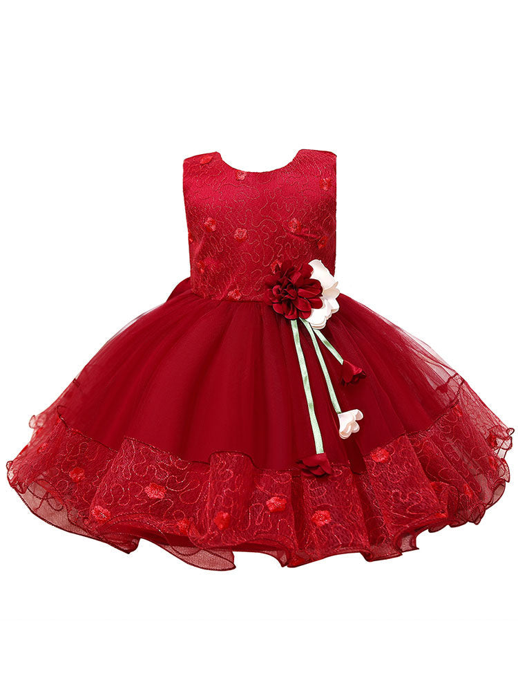 Pink Jewel Neck Sleeveless Polyester Cotton Tulle Flowers Kids Party Dresses-showprettydress