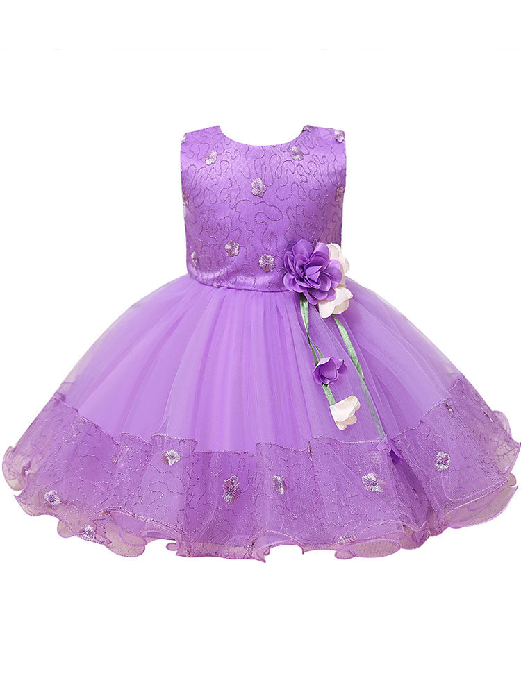 Pink Jewel Neck Sleeveless Polyester Cotton Tulle Flowers Kids Party Dresses-showprettydress