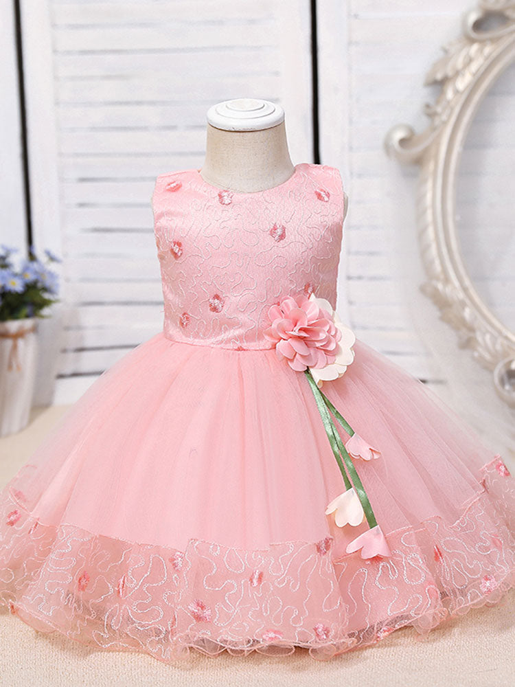 Pink Jewel Neck Sleeveless Polyester Cotton Tulle Flowers Kids Party Dresses-showprettydress