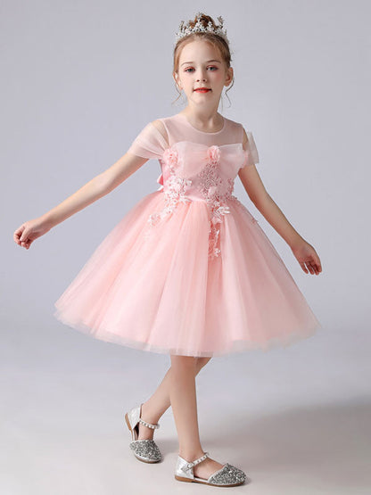 Pink Jewel Neck Sleeveless Short Princess Lace flower girl dresses-showprettydress