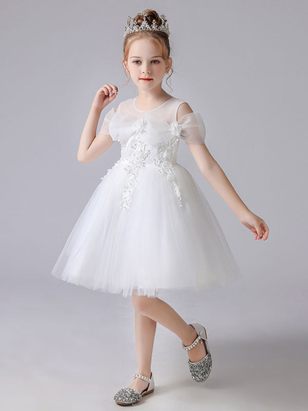 Pink Jewel Neck Sleeveless Short Princess Lace flower girl dresses-showprettydress