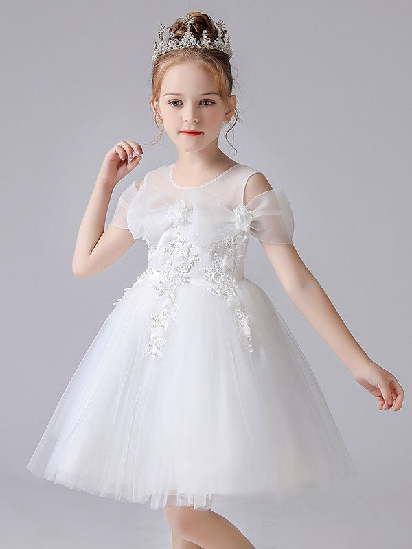 Pink Jewel Neck Sleeveless Short Princess Lace flower girl dresses-showprettydress