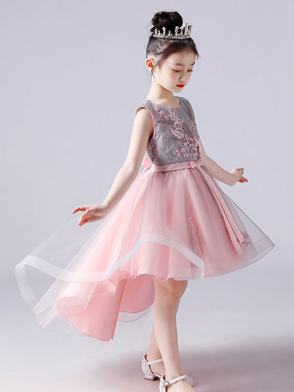 Pink Jewel Neck Sleeveless Short Princess Lace Flowers Kids Social Party Dresses-showprettydress