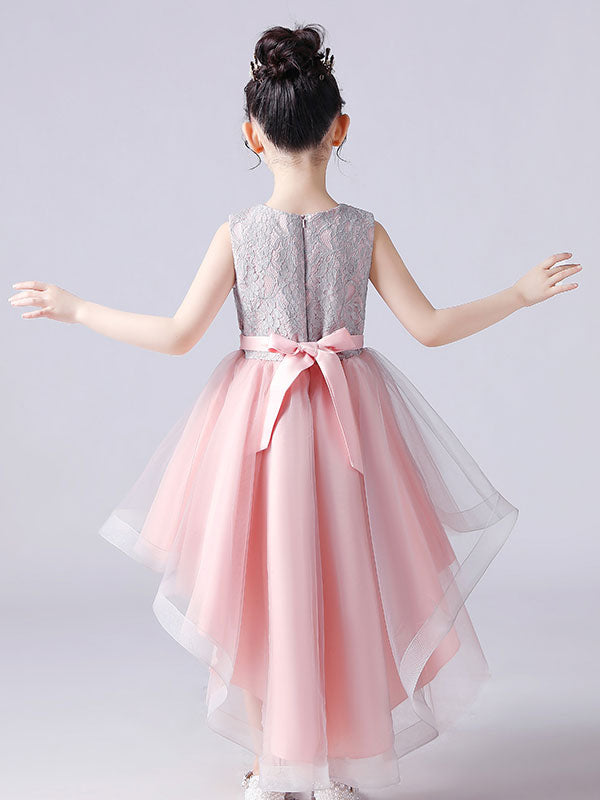 Pink Jewel Neck Sleeveless Short Princess Lace Flowers Kids Social Party Dresses-showprettydress