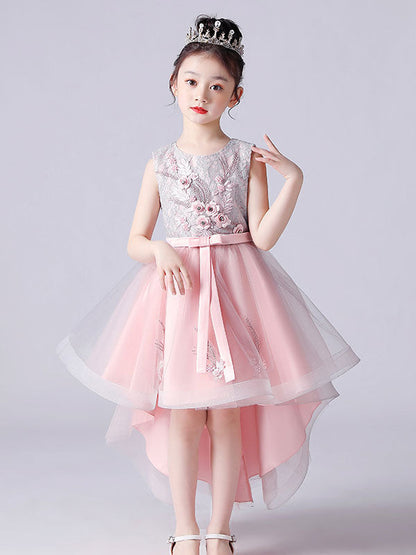 Pink Jewel Neck Sleeveless Short Princess Lace Flowers Kids Social Party Dresses-showprettydress