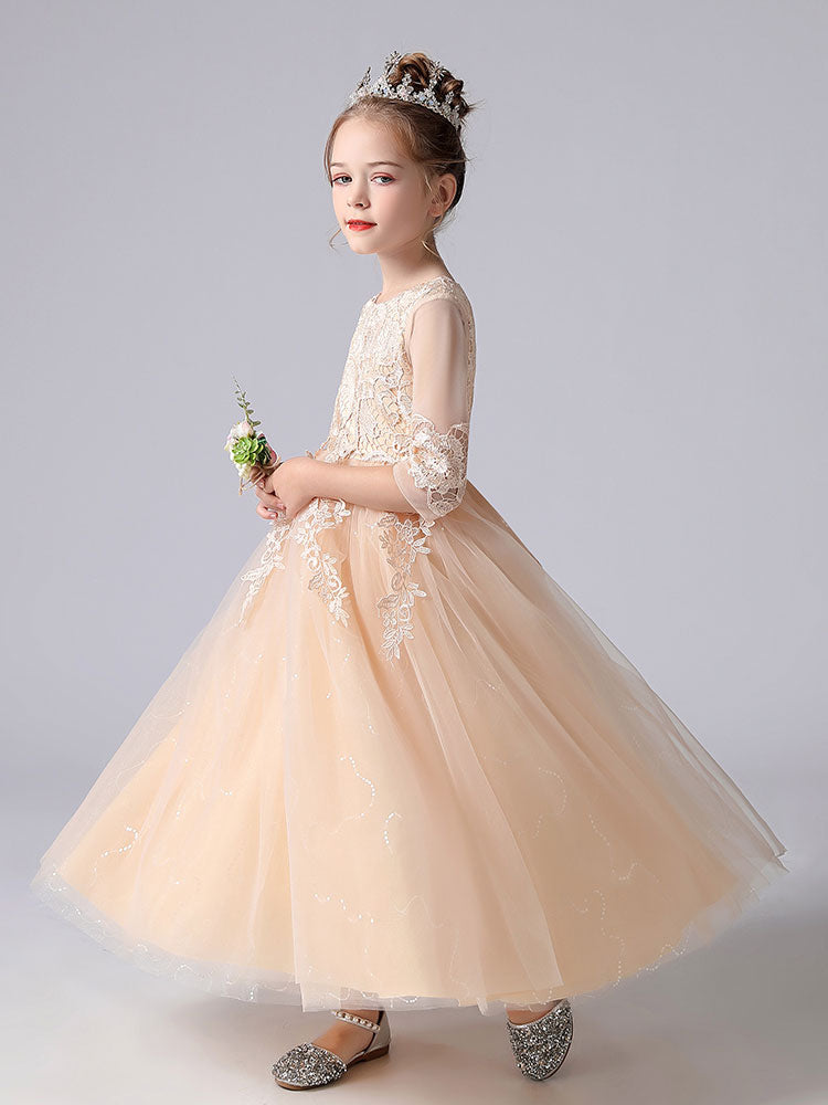 Pink Jewel Neck Tulle Lace Embroidered Kids Party Dresses-showprettydress