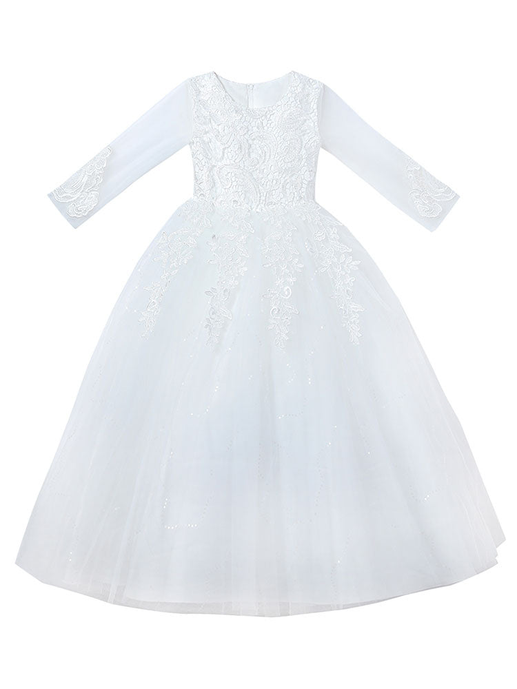 Pink Jewel Neck Tulle Lace Embroidered Kids Party Dresses-showprettydress