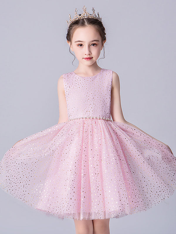 Pink Jewel Neck Tulle Sleeveless Short Pearls Formal Kids Pageant flower girl dresses-showprettydress