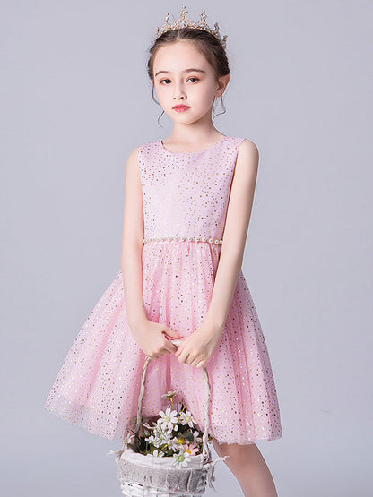 Pink Jewel Neck Tulle Sleeveless Short Pearls Formal Kids Pageant flower girl dresses-showprettydress