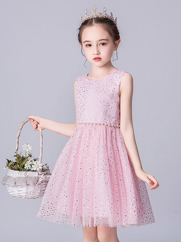 Pink Jewel Neck Tulle Sleeveless Short Pearls Formal Kids Pageant flower girl dresses-showprettydress