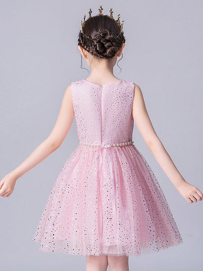 Pink Jewel Neck Tulle Sleeveless Short Pearls Formal Kids Pageant flower girl dresses-showprettydress