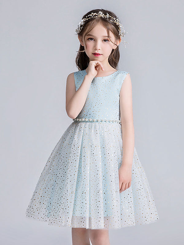 Pink Jewel Neck Tulle Sleeveless Short Pearls Formal Kids Pageant flower girl dresses-showprettydress