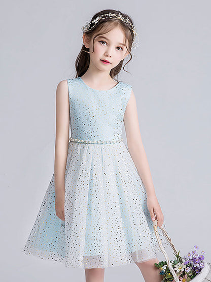 Pink Jewel Neck Tulle Sleeveless Short Pearls Formal Kids Pageant flower girl dresses-showprettydress