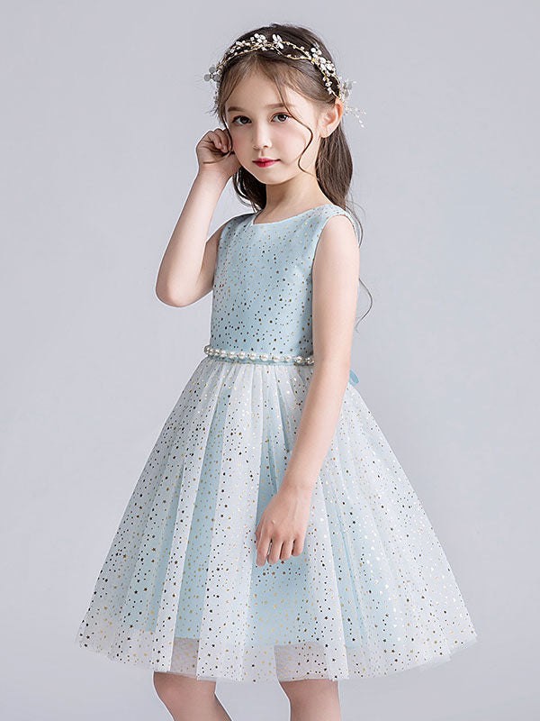 Pink Jewel Neck Tulle Sleeveless Short Pearls Formal Kids Pageant flower girl dresses-showprettydress