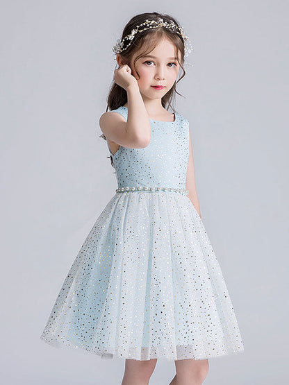 Pink Jewel Neck Tulle Sleeveless Short Pearls Formal Kids Pageant flower girl dresses-showprettydress