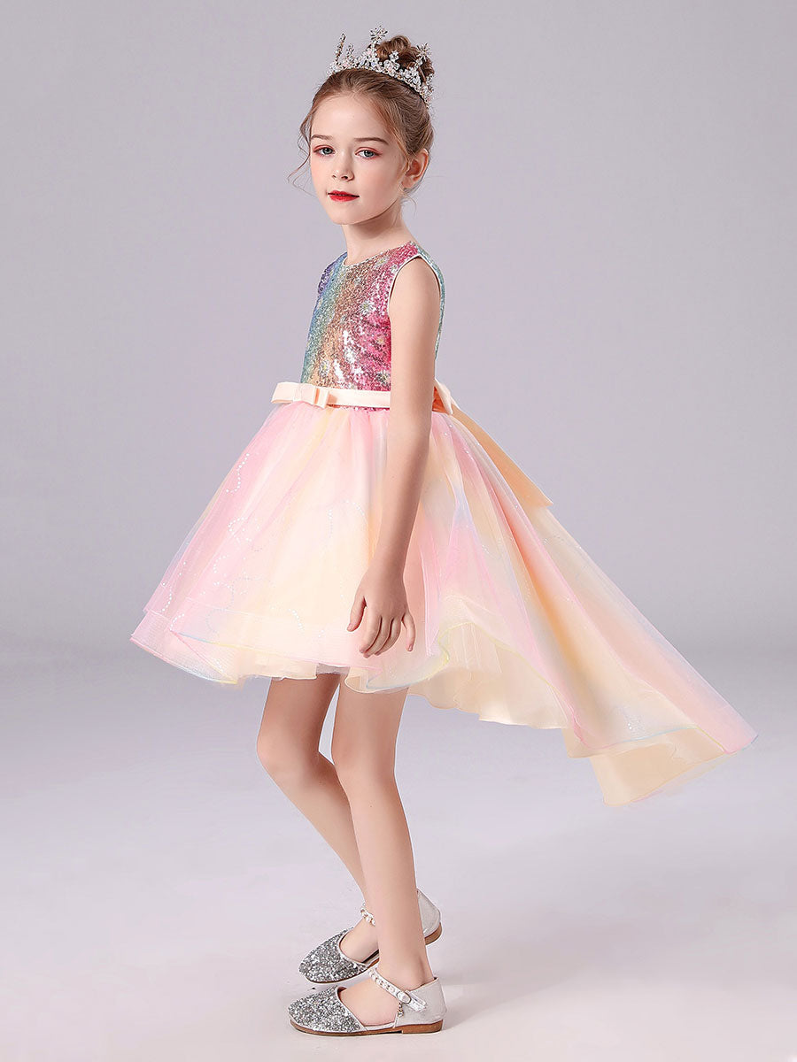 Pink Jewel Neck Tulle Sleeveless Short Princess Dress Bows Formal Kids Pageant flower girl dresses-showprettydress