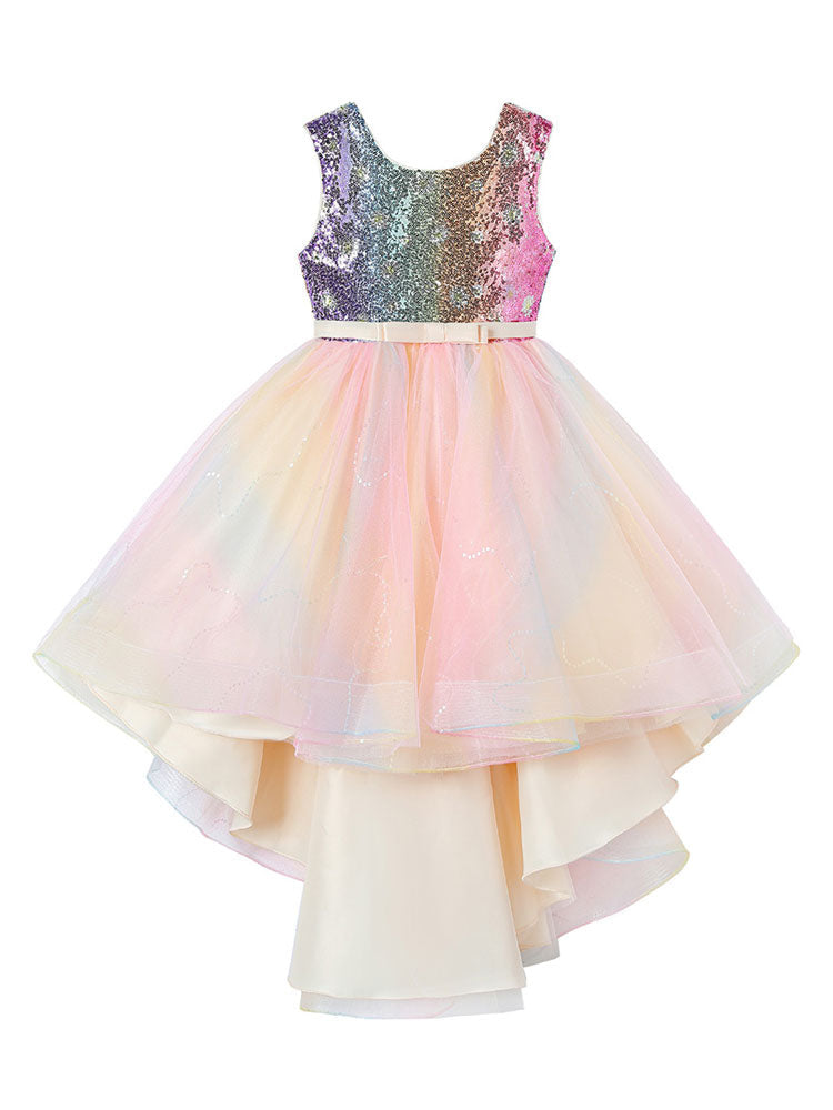 Pink Jewel Neck Tulle Sleeveless Short Princess Dress Bows Formal Kids Pageant flower girl dresses-showprettydress