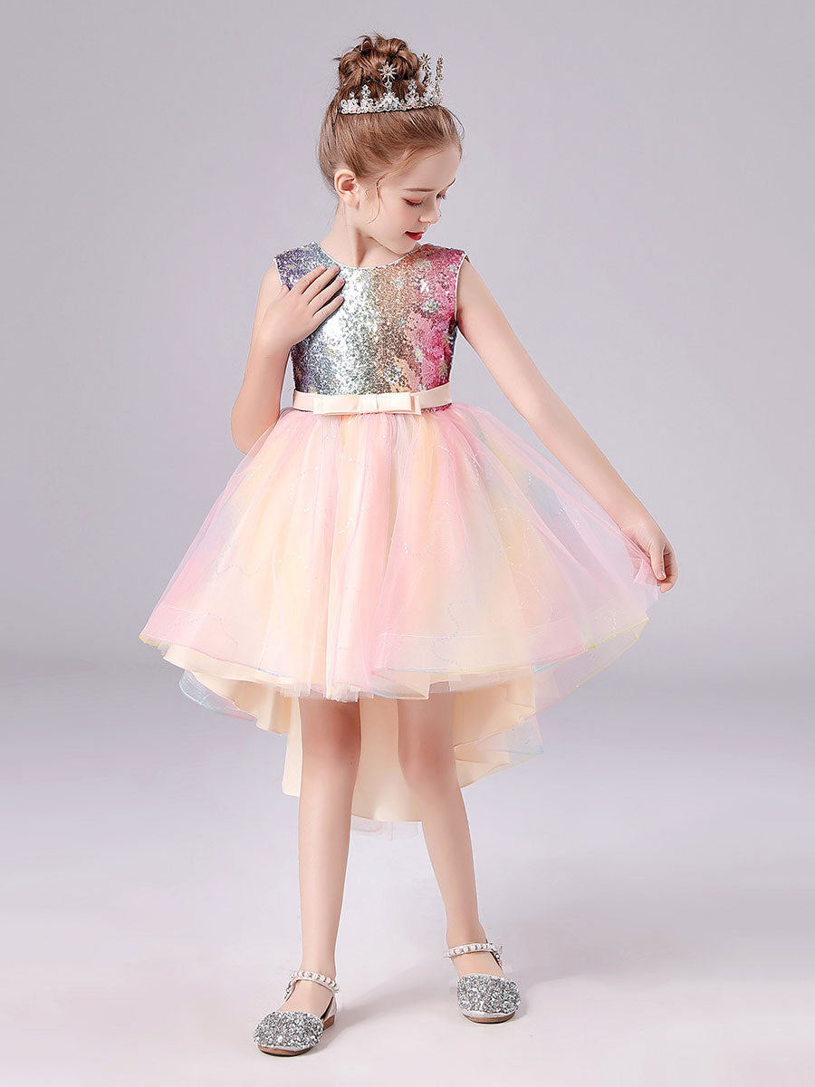 Pink Jewel Neck Tulle Sleeveless Short Princess Dress Bows Formal Kids Pageant flower girl dresses-showprettydress