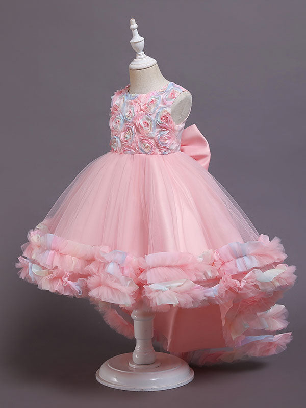 Pink Jewel Neck Tulle Sleeveless With Train A-Line Bows Formal Kids Pageant flower girl dresses-showprettydress